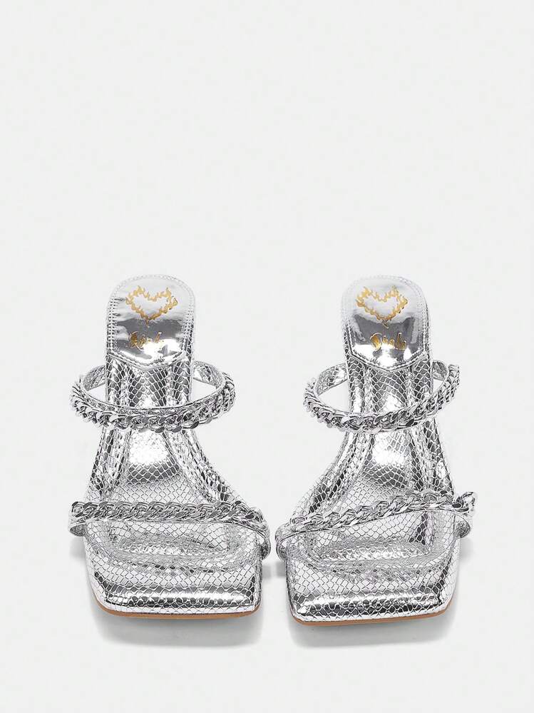 CUCCOO SZL Zapatillas De Moda Para Mujeres Con Decoración De Cadena De Metal - Plateado - Ver 2