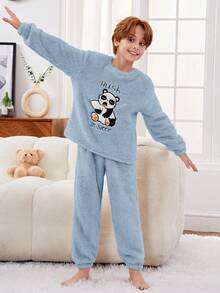 SHEIN Con trai Gấu trúc & Thư thêu Đồ ngủ Mặc Bộ Có Áo Và Quần - Màu xanh lam - Xem 5