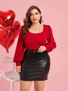 SHEIN Clasi Camiseta roja con cuello redondo y mangas de farol de talla grande, Día de San Valentín