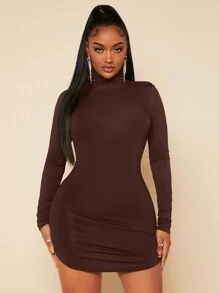 SHEIN SXY 純色高領修身連身裙 - 咖啡棕 - 查看 1