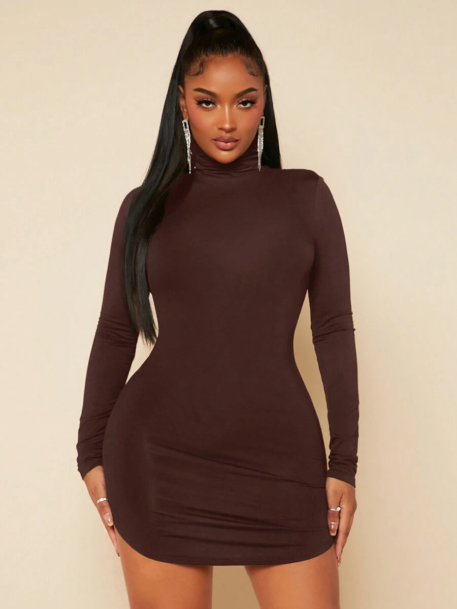 SHEIN SXY 純色高領修身連身裙 - 咖啡棕 - 查看 1