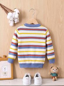 男孩卡通圖案和條紋毛衣 - 藍色 - 查看 2