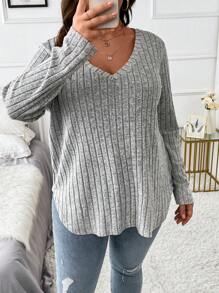 SHEIN Plus V Neck Marled Knit Tee Fall Cloth For Women - Light Grey - View 7