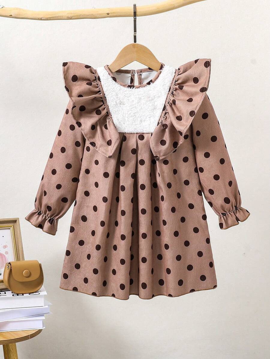 SHEIN Nhỏ bé Cô gái In vết tròn Polka Ruffle Đầm - Cà phê - Xem 1