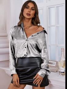 SHEIN Clasi 女式翻領長袖襯衫 - 銀色 - 查看 4