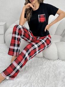 女士格紋拼接睡衣套裝 - 黑色 - 查看 6