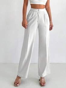 EURMUSE Solid High Waist Suit Pants - White - View 1