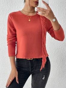 SHEIN LUNE 女士純色流蘇套頭毛衣 - 咖啡棕 - 查看 3