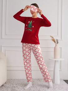 RueChic Women's Christmas Pattern Pajamas Set - Red and White - View 3
