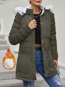 EURMUSE 腰部抽繩毛茸邊連帽派克大衣