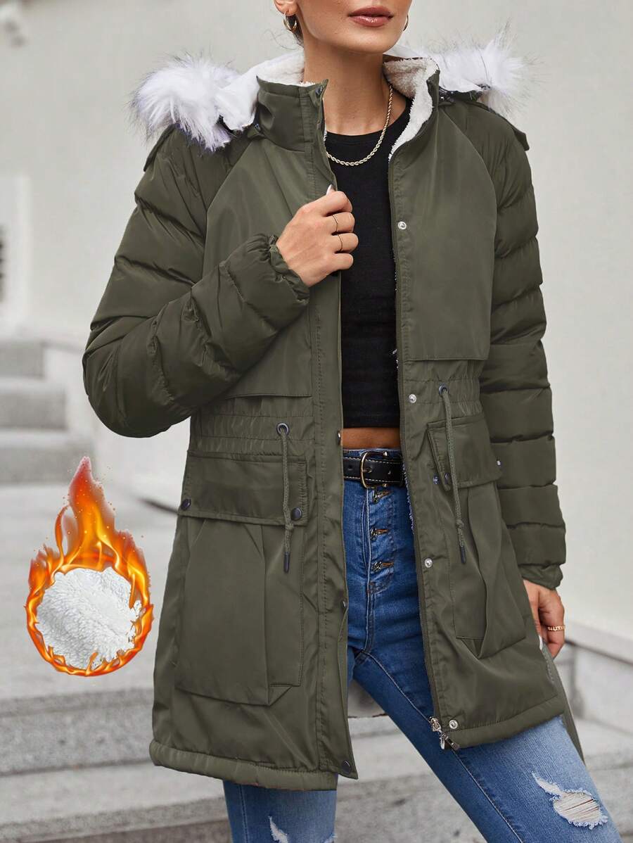 EURMUSE 腰部抽繩毛茸邊連帽派克大衣