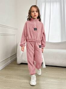 Tween Girl Cool Knitted Solid Color Stand Collar Two-Sided Fleece Half-Open Front Long Sleeve Outfit - Dusty Pink - View 3
