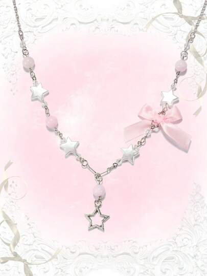 Kawaii 1 Stück Schleife Dekor Kette Stern Anhänger Halskette