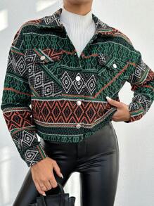 SHEIN Cottnline Vrouwen Geometrisch patroon Oversized Voorknop Jassen Met Klepzakken En Schouders