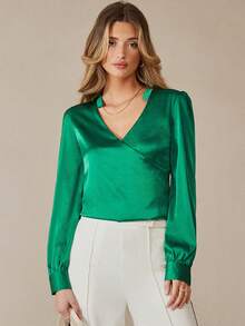 SHEIN Essnce 純色凹口領襯衫 - 綠色 - 查看 4