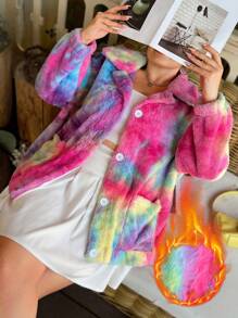 Flirla 大碼紮染落肩袖毛茸茸夾克 - 彩色 - 查看 5