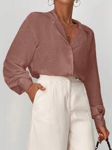 EURMUSE Solid Button Front Shirt - Dusty Pink - View 5
