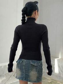 DAZY 女式高领星星刺绣开衩毛衣 Y2K 秋季 - 黑色 - 查看 8