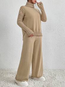 EMERY ROSE 2pcs/set Solid Color Sweater Suit - Camel - View 4