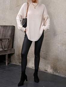 SHEIN LUNE 女款純色立領落肩毛衣 - 杏色 - 查看 5