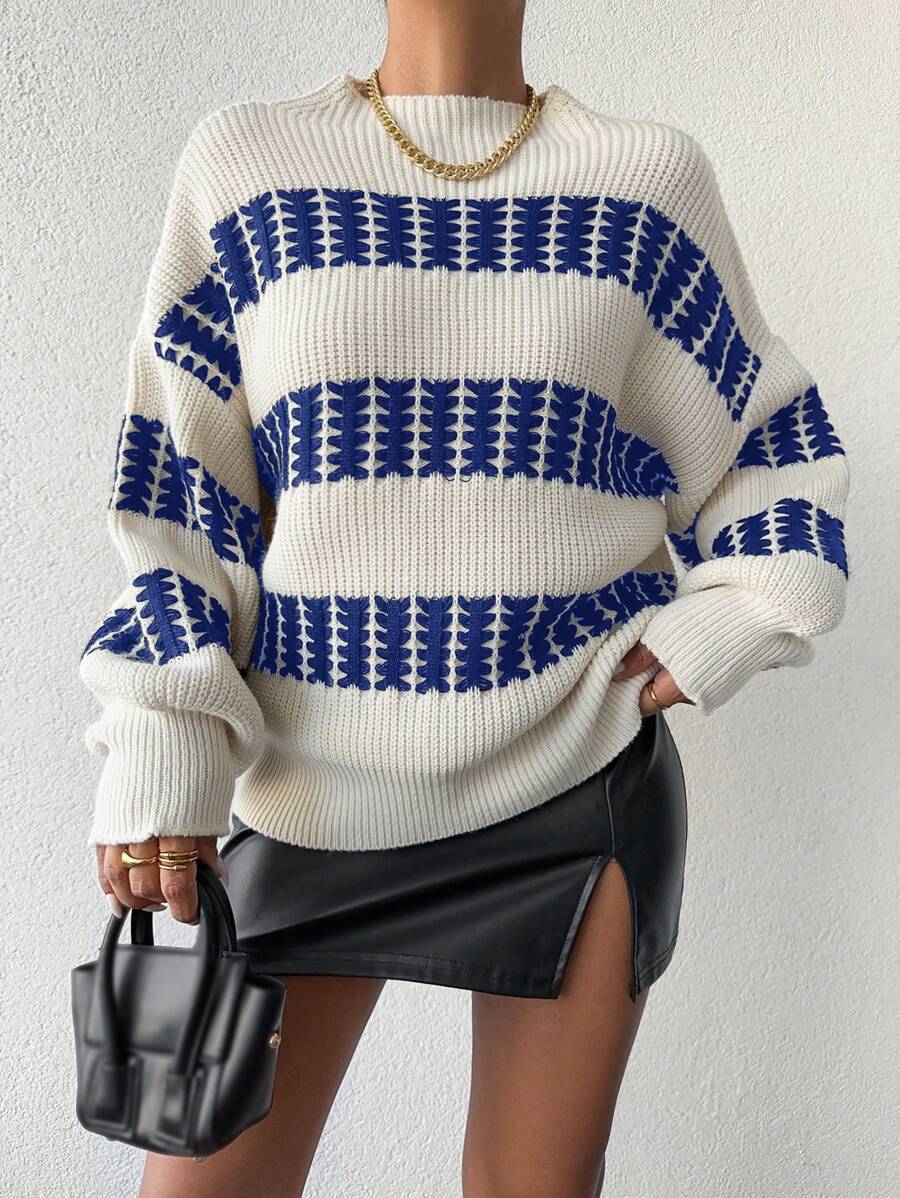 EURMUSE Women's Drop Shoulder Color-block Sweater - Blue - View 1