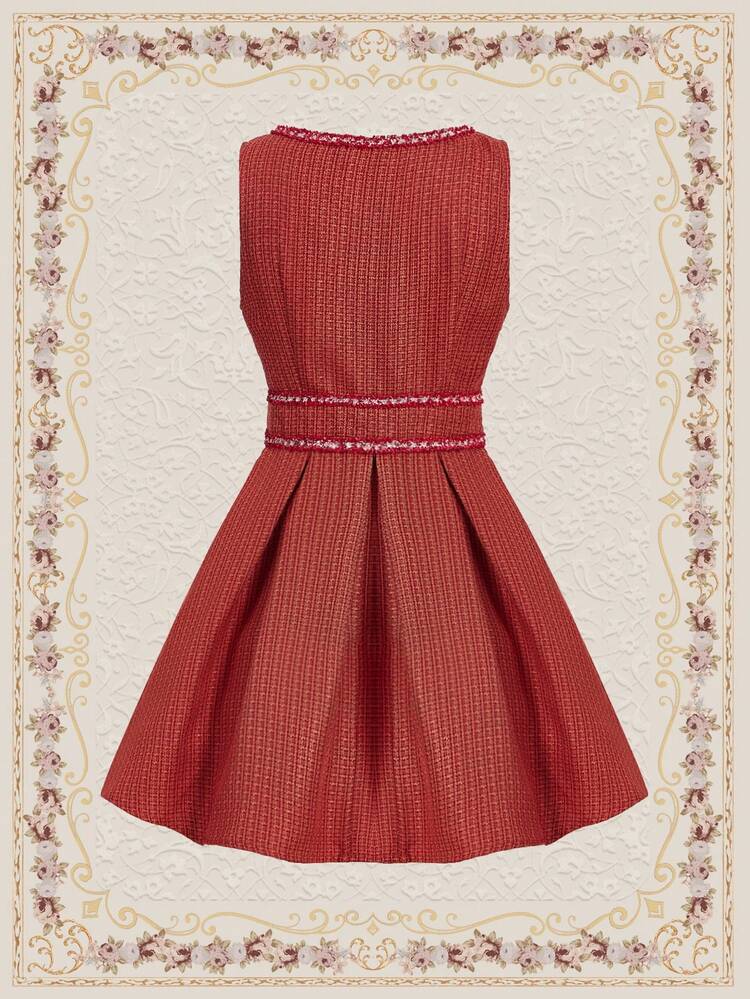 Vintage Elegant Sleeveless Woolen Lace Hem Pleated Dress With Umbrella, Autumn/Winter