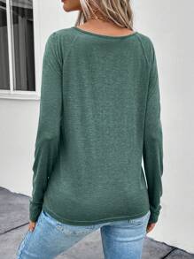SHEIN LUNE Women's Raglan Sleeve Pullover T-shirt - Green - View 2