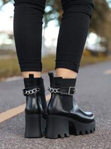 Black European And American Fashion Women's Chelsea Boots With Metallic Chain And Thick Heel - Black - View 4