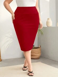 SHEIN Privé Váy Bodycon lưng cao trơn cỡ lớn dành cho nữ - Đỏ - Xem 1