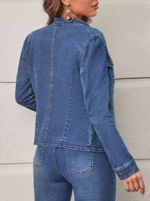SHEIN LUNE Women's Stand Collar Button-up Denim Jacket - Blue - View 2