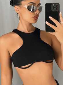 SHEIN ICON Solid Color Hollow Out Tank Top - Black - View 5