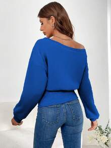 SHEIN Essnce 女式純色露肩帽衫 - 寶藍色 - 查看 2