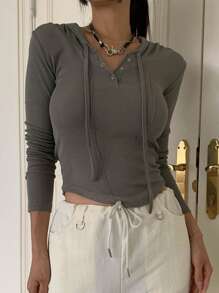 DAZY Ladies' Hooded Knitted Top With Partial Button Placket And Drawstring - Brown - View 5