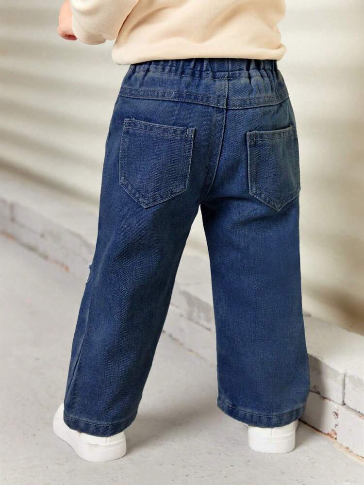 Baby Girls' Cute Casual Teddy Bear Print Ripped Straight Leg Jeans