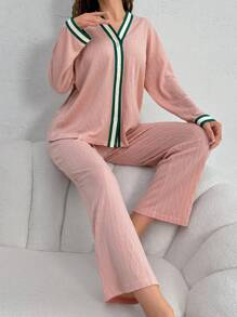 Women's Color Block Homewear Set With Textured Fabric Trimming - Coral Pink - View 6