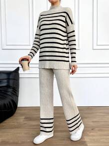 EURMUSE 女式條紋立領下垂肩毛衣2入組 - 米色 - 查看 5