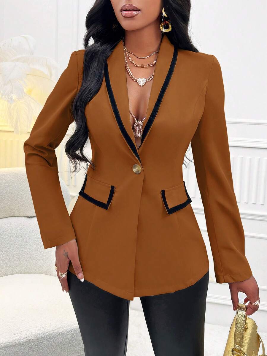 SHEIN Slayr 對比綁定單粒釦西裝外套 - 棕色 - 查看 1