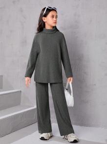 SHEIN Leap Crew 中大童女孩寬鬆復古高領寬鬆條紋襯衫和長褲兩件套裝 - 深灰色 - 查看 5