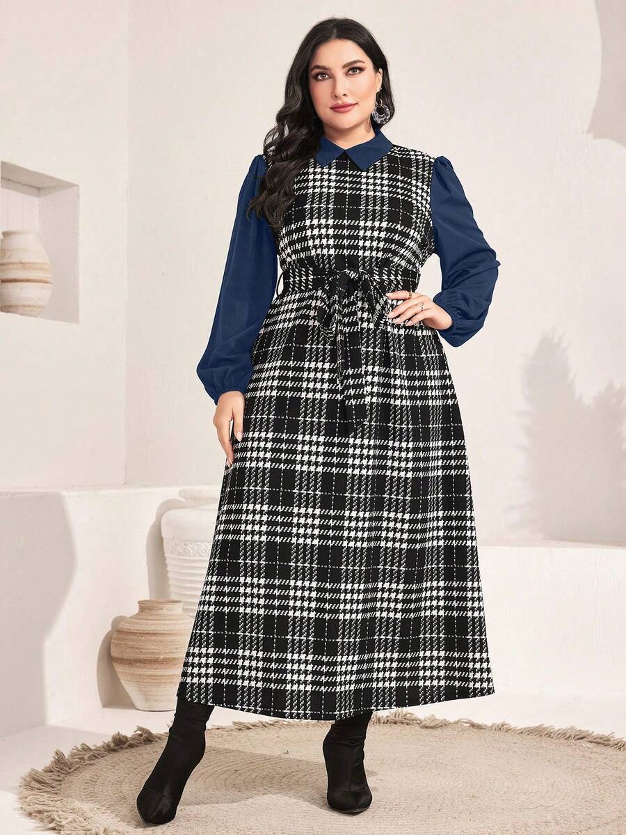 Mulvari 大尺碼女千鳥格襯衫連身裙 - 藏蓝色 - 查看 1