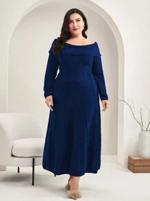 Modelyn 女性加大碼露肩長袖毛衣連身裙 - 藏蓝色 - 查看 4