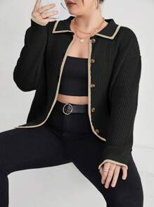 SHEIN Essnce Plus Size Colorblock Edging Cardigan - Black - View 4
