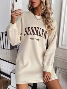 SHEIN EZwear Women's Letter Print Drop Shoulder Sweatshirt - Khaki - View 3