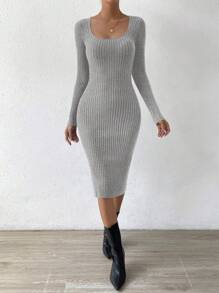 SHEIN Privé Thon gọn Sọc Đầm Áo len Với Cổ áo Scoop - Xám - Xem 5