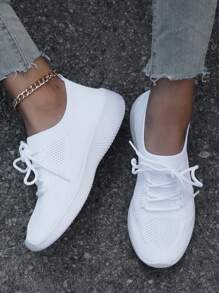 2025 秋季女款运动鞋女式轻便透气系带白色运动跑步鞋，春秋季 - 白色 - 查看 3