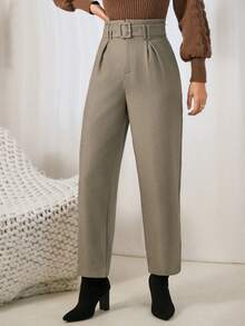 SHEIN Frenchy 女款高腰素面直筒褲 - 灰色 - 查看 5