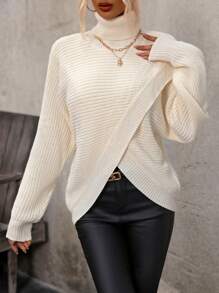 SHEIN LUNE 不对称下摆高领针织套头衫秋冬毛衣 - 米色 - 查看 5