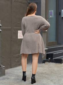 SHEIN Privé Plus Scoop Neck Lantern Sleeve Sweater Dress - Apricot - View 2