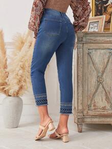 SHEIN LUNE 刺繡磨損邊牛仔褲帶傾斜口袋 - 藍色 - 查看 2