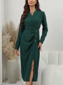 SHEIN Clasi Women's Cape Collar Open Front Split Hem Dress - Green - View 3