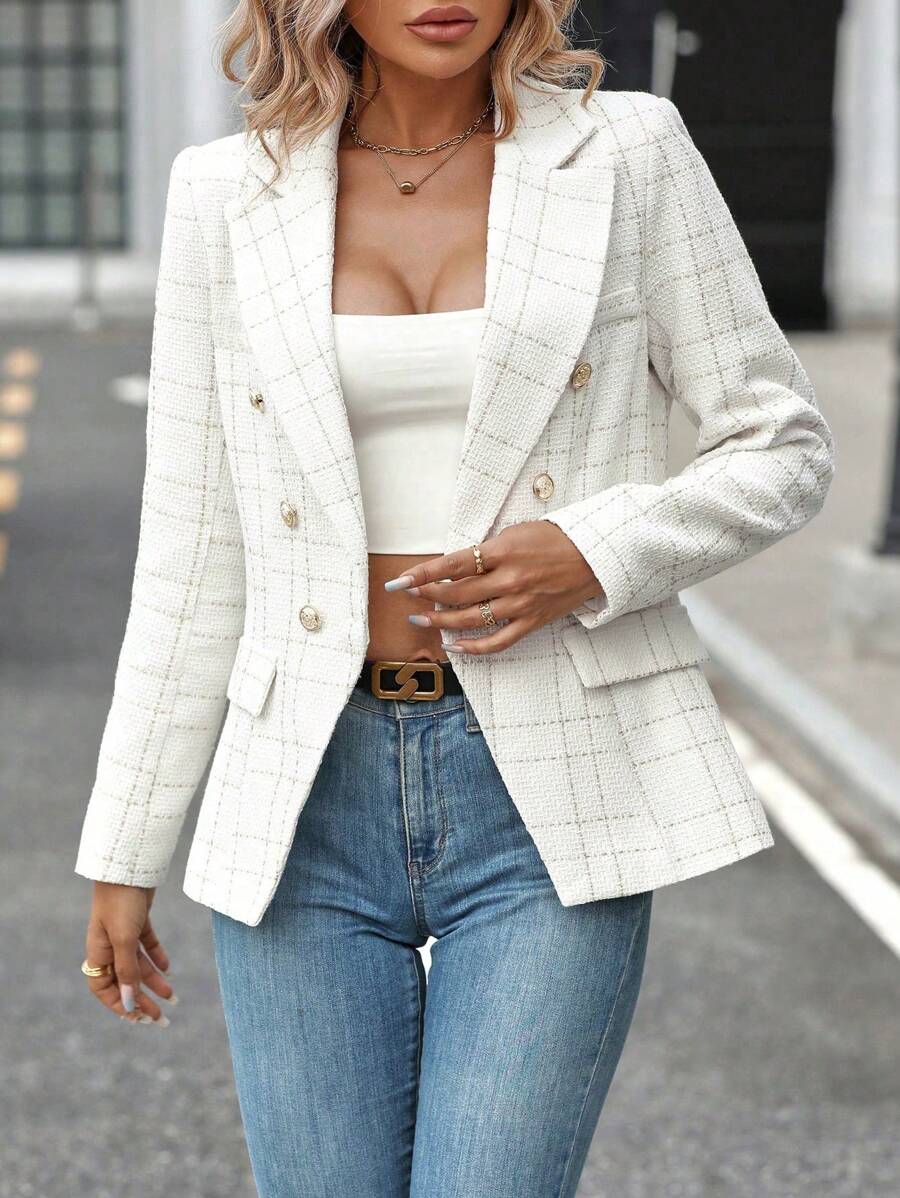 SHEIN Frenchy Nút Trang trí Checkered Áo vest - trắng - Xem 1